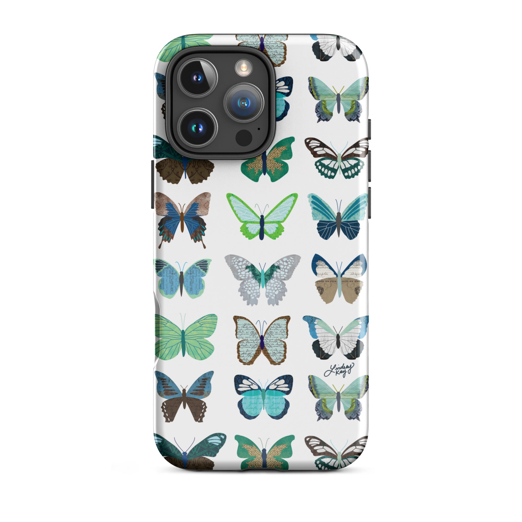 Cute and durable Phone case with a hand-drawn cute green and blue butterflies pattern in red, perfect for summer with a fun, girly, and trendy retro vibe.
